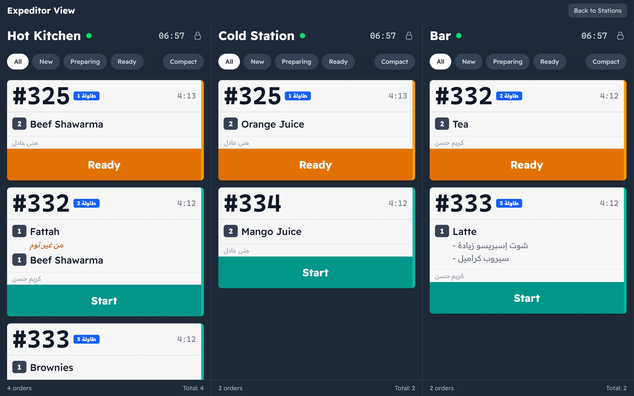 The Major kitchen display: three stations — hot kitchen, cold station and bar — each order on a card with its ticket number, table, items and next-step button.