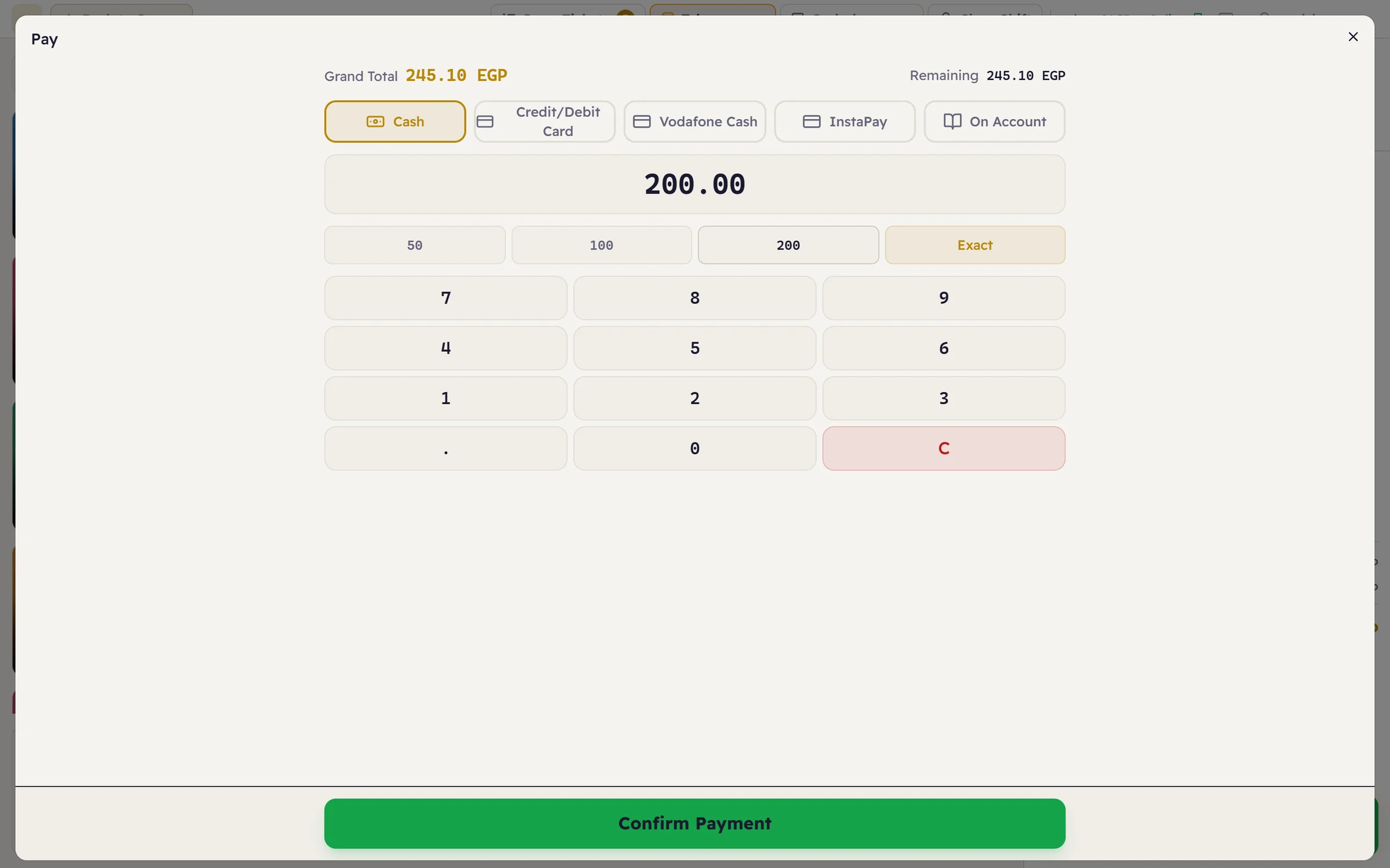 The Major payment window: total EGP 245.10 with cash, credit card, Vodafone Cash, InstaPay and on-account methods, quick amounts and a keypad.
