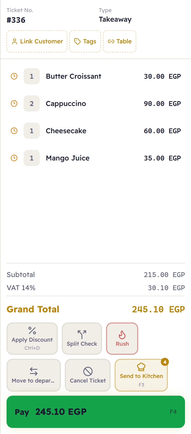 An open ticket in Major: subtotal EGP 215.00, VAT 30.10 and a total of EGP 245.10, with discount, split and send-to-kitchen buttons and the green Pay button.