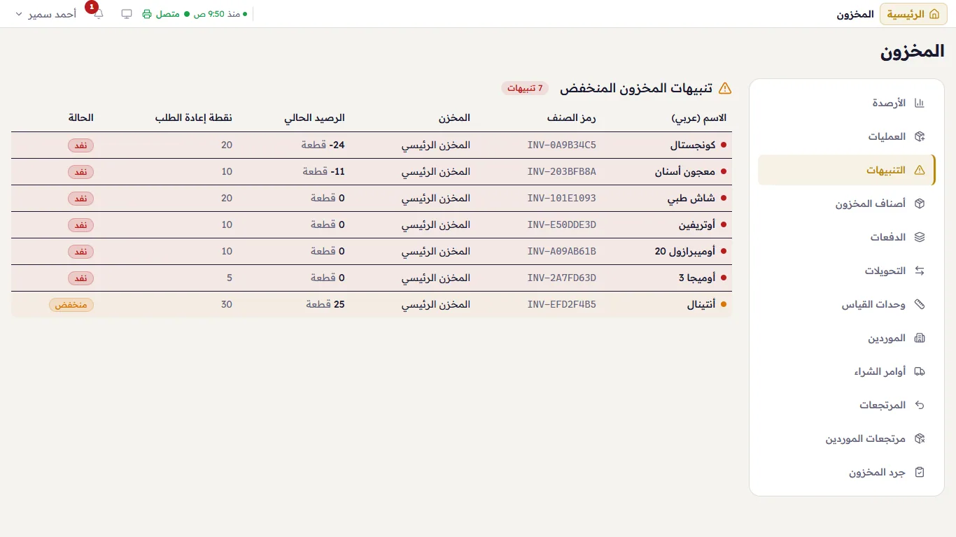 تنبيهات المخزون المنخفض