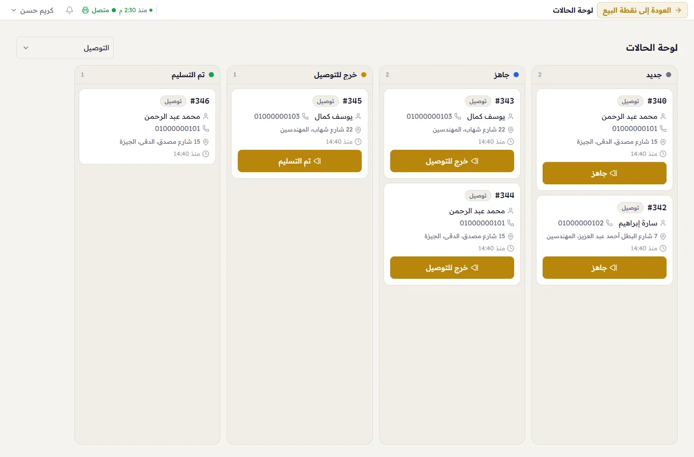 لوحة الحالات: عمود لكل مرحلة من مراحل التوصيل