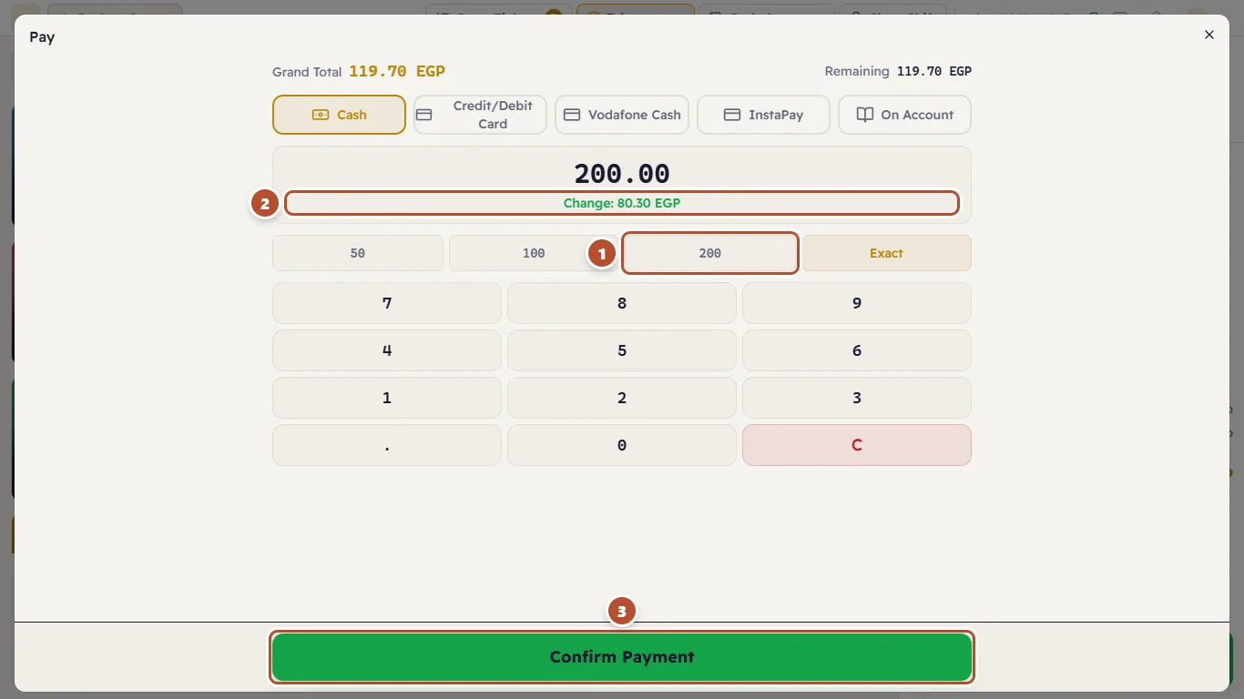 The customer paid 200 — change 80.30 EGP