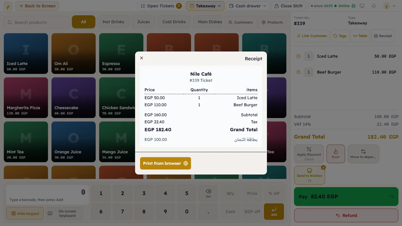 The receipt preview on screen