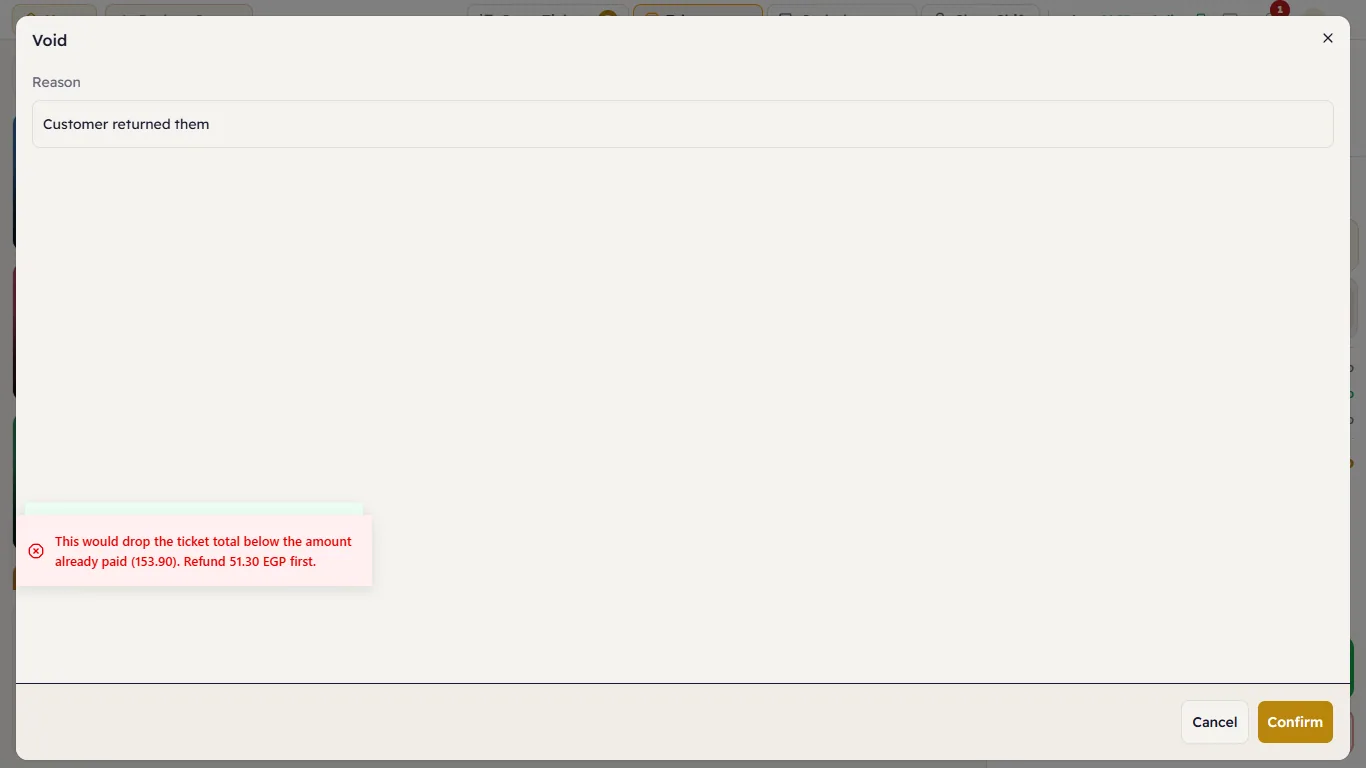 "… below the amount already paid (153.90). Refund 51.30 EGP first."
