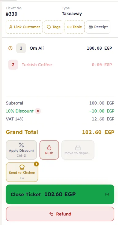 The item voided and the ticket ready to close at 102.60
