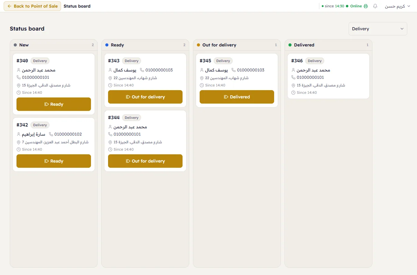 The status board: one column per delivery stage